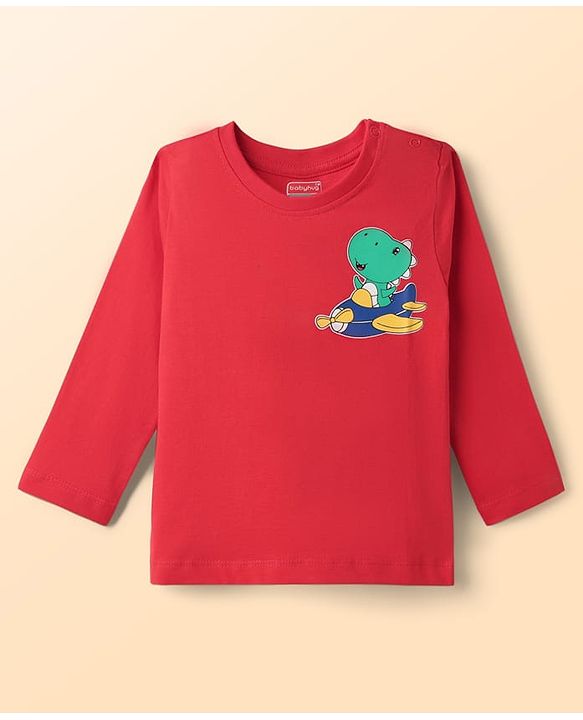 Babyhug 100% Cotton Knit Full Sleeves T-Shirts with Dino Graphics Pack of 3 - Red Navy Blue & Grey
