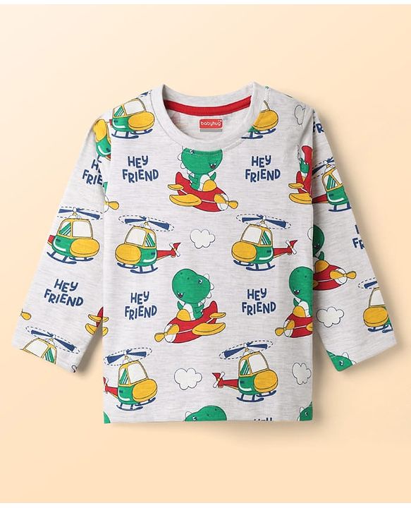 Babyhug 100% Cotton Knit Full Sleeves T-Shirts with Dino Graphics Pack of 3 - Red Navy Blue & Grey