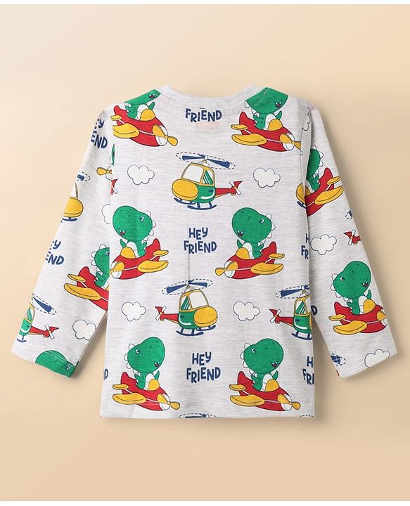 Babyhug 100% Cotton Knit Full Sleeves T-Shirts with Dino Graphics Pack of 3 - Red Navy Blue & Grey