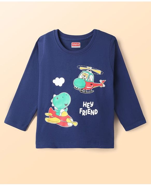 Babyhug 100% Cotton Knit Full Sleeves T-Shirts with Dino Graphics Pack of 3 - Red Navy Blue & Grey
