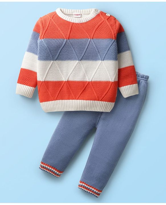 Babyhug Knit Full Sleeves Sweater Set With Stripes - Orange