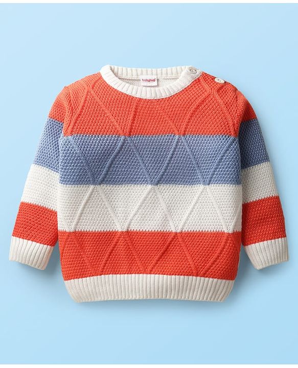 Babyhug Knit Full Sleeves Sweater Set With Stripes - Orange