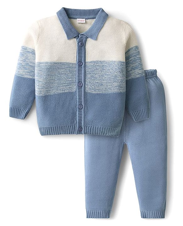 Babyhug Knit Full Sleeves Front Open Sweater Set with Color Block Design - Light Blue