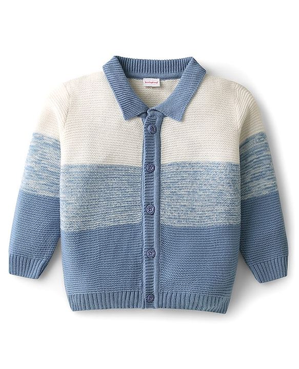 Babyhug Knit Full Sleeves Front Open Sweater Set with Color Block Design - Light Blue