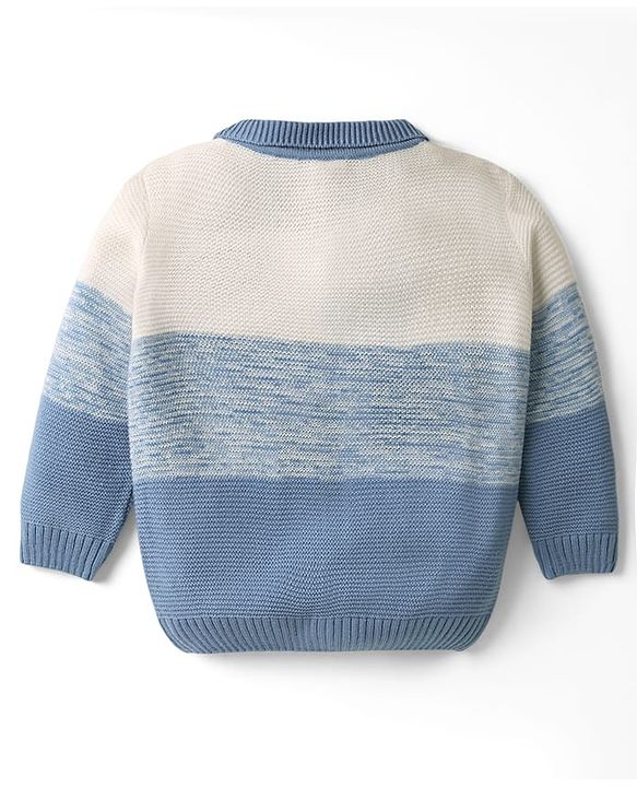 Babyhug Knit Full Sleeves Front Open Sweater Set with Color Block Design - Light Blue