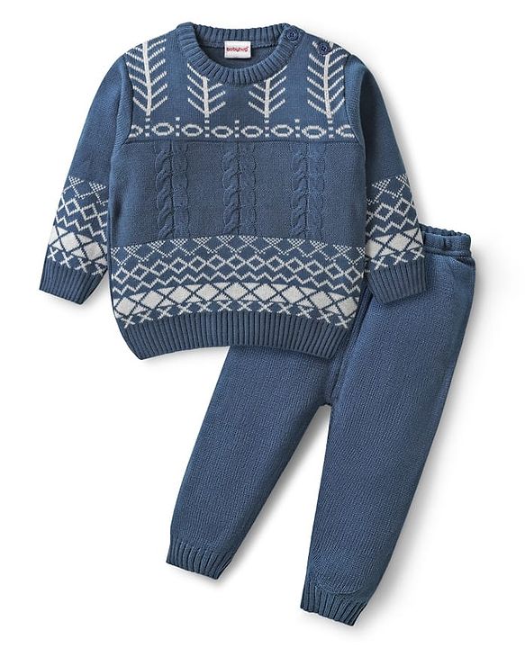 Babyhug Knitted Full Sleeves Pullover Sweater Set with Cable Knit & Fair Isle Design - Royal Blue