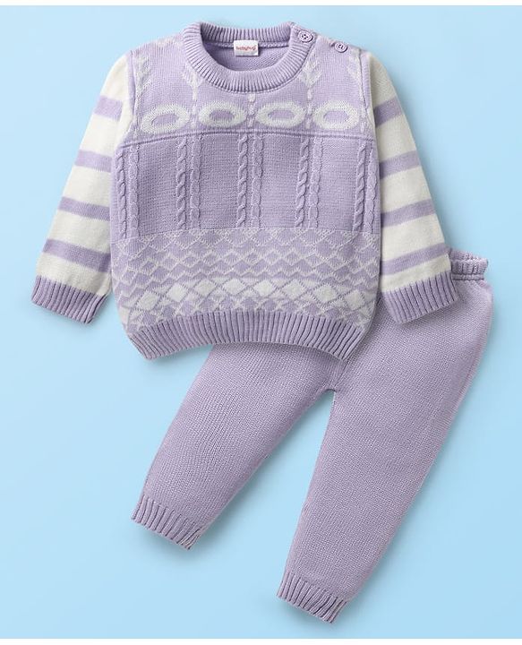 Babyhug Knitted Full Sleeves Pullover Sweater Set with Cable Knit & Fair Isle Design - Lavender