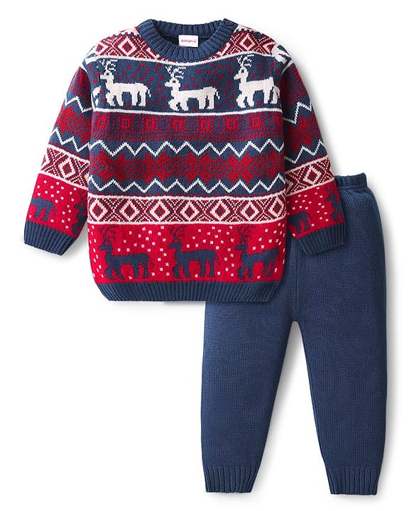 Babyhug Knit Full Sleeves Pullover Sweater Set with Deer Design - Navy Blue