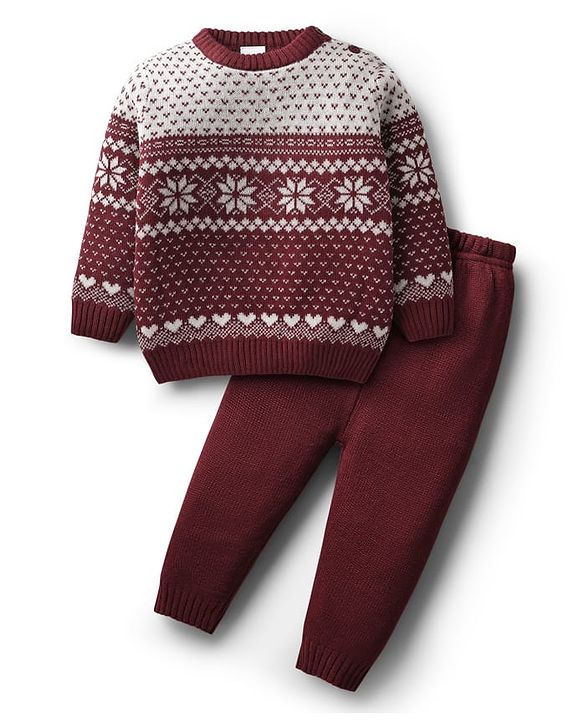 Babyhug Knit Full Sleeves Sweater Set With Floral Design - Maroon