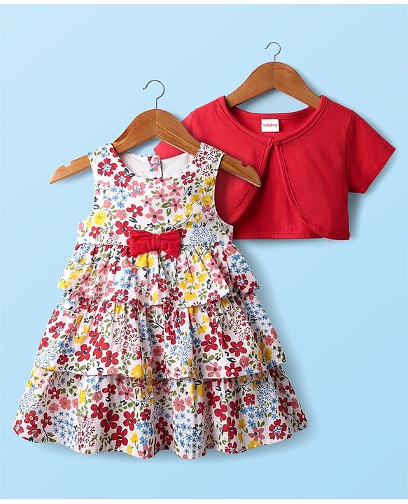 Babyhug Cotton Woven Half Sleeves Shrug With Floral Printed Layered Frock with Bow Applique -  Red