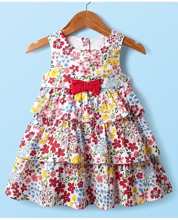 Babyhug Cotton Woven Half Sleeves Shrug With Floral Printed Layered Frock with Bow Applique -  Red