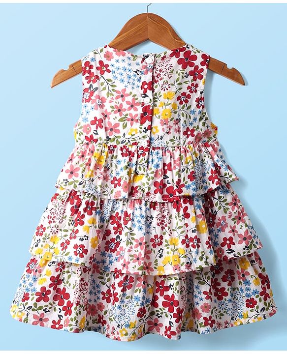 Babyhug Cotton Woven Half Sleeves Shrug With Floral Printed Layered Frock with Bow Applique -  Red
