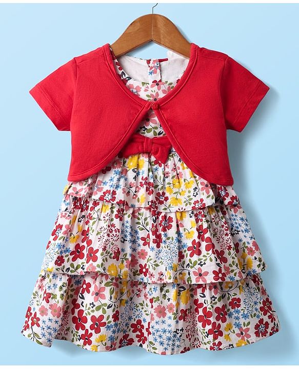 Babyhug Cotton Woven Half Sleeves Shrug With Floral Printed Layered Frock with Bow Applique -  Red