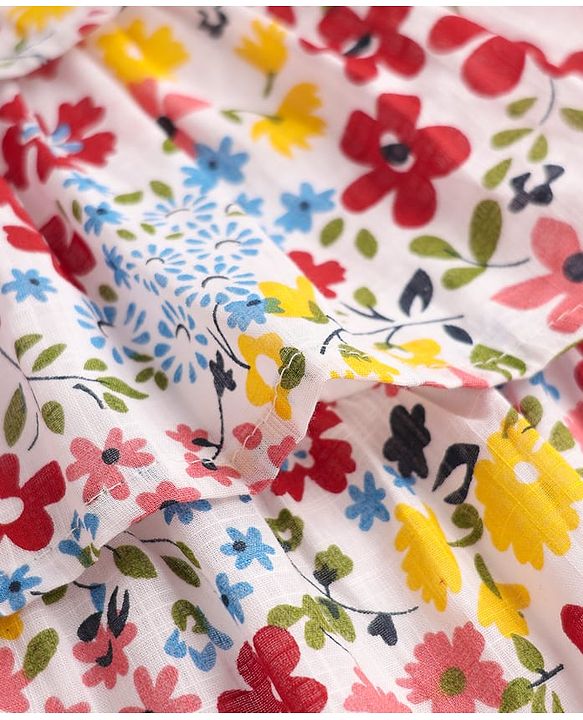 Babyhug Cotton Woven Half Sleeves Shrug With Floral Printed Layered Frock with Bow Applique -  Red