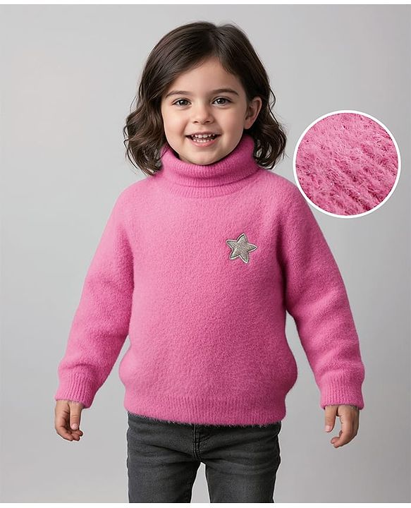 Babyhug Knit Full Sleeves Extra Soft Hairy Eyelash Yarn Turtle Neck Pullover Sweater with Star Patch Detailing - Pink