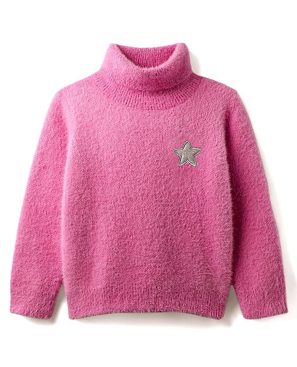 Babyhug Knit Full Sleeves Extra Soft Hairy Eyelash Yarn Turtle Neck Pullover Sweater with Star Patch Detailing - Pink