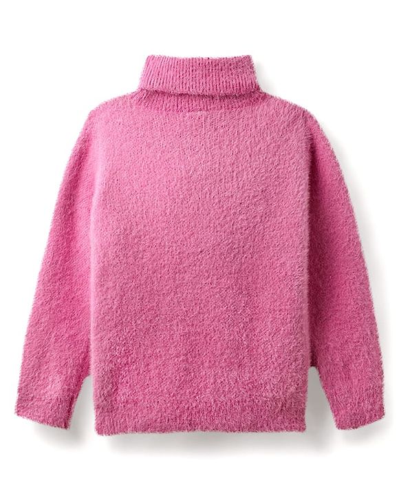 Babyhug Knit Full Sleeves Extra Soft Hairy Eyelash Yarn Turtle Neck Pullover Sweater with Star Patch Detailing - Pink