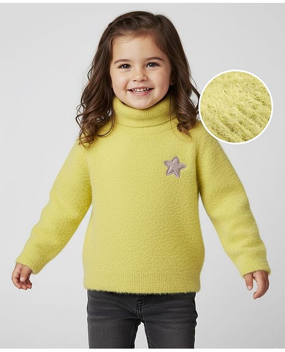 Babyhug Knit Full Sleeves Extra Soft Hairy Eyelash Yarn Turtle Neck Pullover Sweater with Star Patch Detailing - Pink