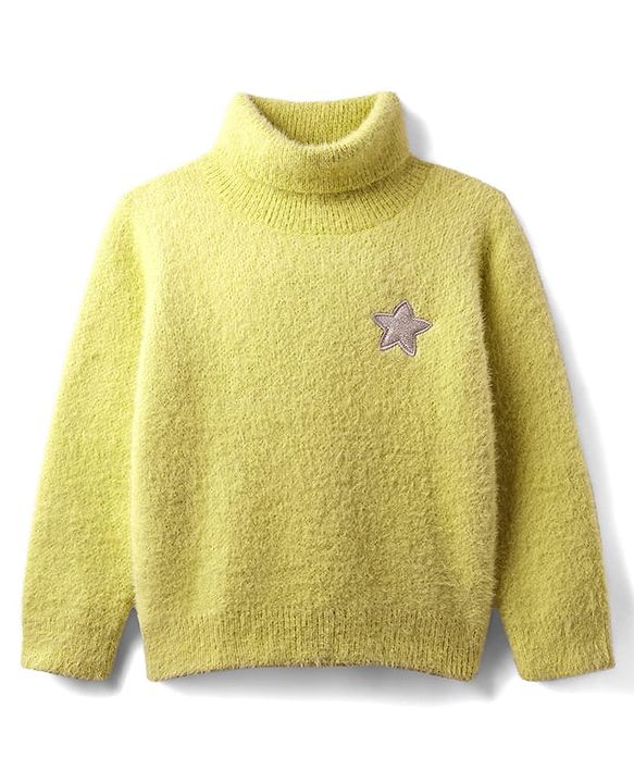 Babyhug Knit Full Sleeves Extra Soft Hairy Eyelash Yarn Turtle Neck Pullover Sweater with Star Patch Detailing - Pink