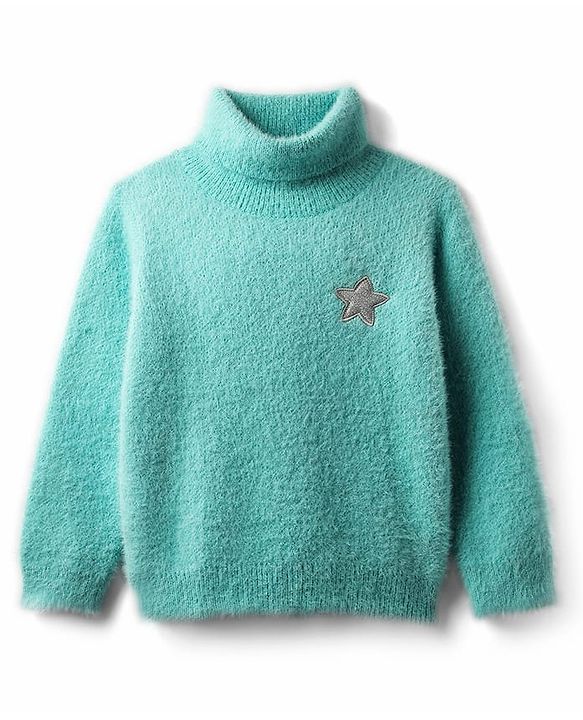 Babyhug Knit Full Sleeves Extra Soft Hairy Eyelash Yarn Turtle Neck Pullover Sweater with Star Patch Detailing - Pink