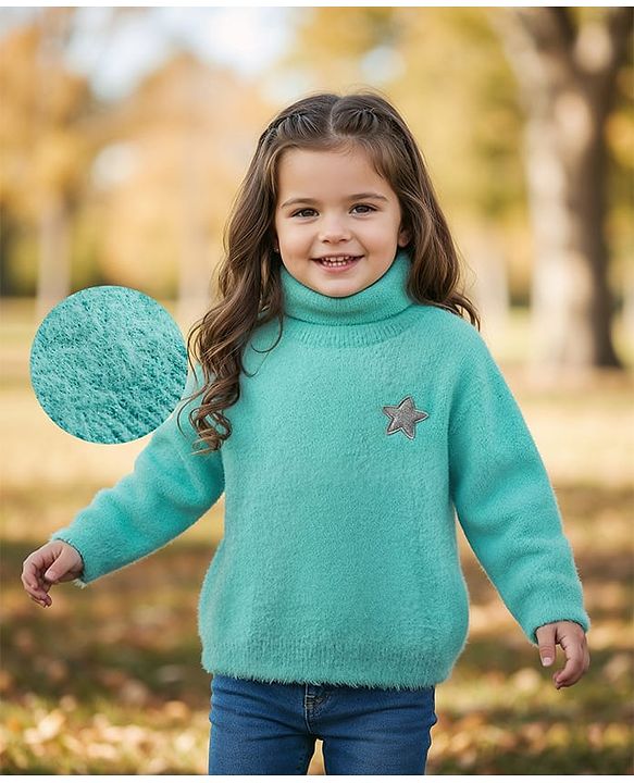 Babyhug Knit Full Sleeves Extra Soft Hairy Eyelash Yarn Turtle Neck Pullover Sweater with Star Patch Detailing - Pink