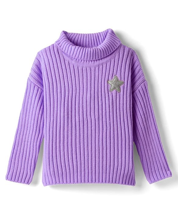 Babyhug Knitted Full Drop Shoulder Sleeves Skivi Sweater With Star Patch - Purple