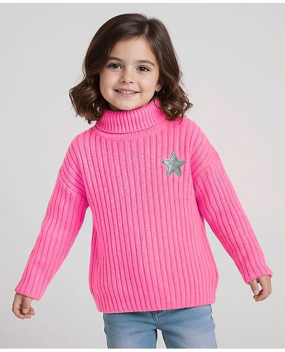 Babyhug Knitted Full Drop Shoulder Sleeves Skivi Sweater With Star Patch - Purple