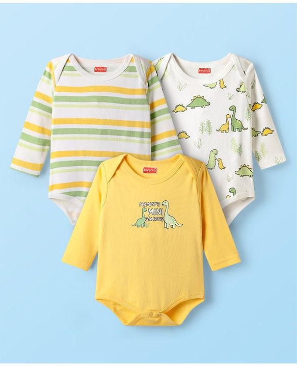 Babyhug 100% Cotton Knit Full Sleeves Onesies with Dino Print & Stripes Pack of 3 - Multicolor