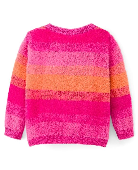 Babyhug Knit Full Sleeves  Front Open Sweater with Stripes - Pink & Orange