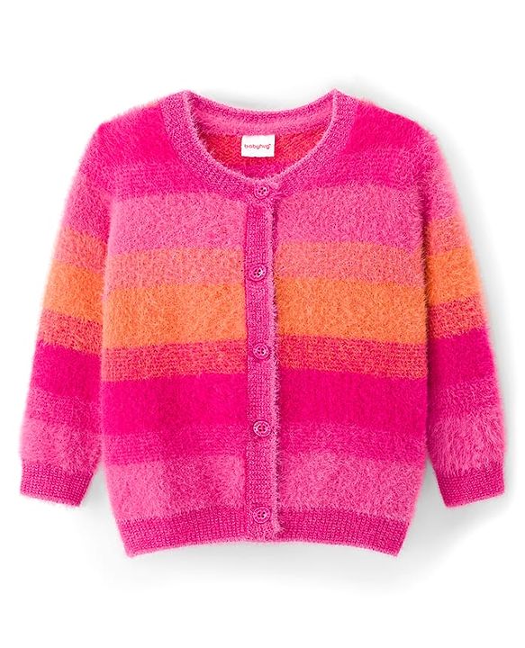Babyhug Knit Full Sleeves  Front Open Sweater with Stripes - Pink & Orange