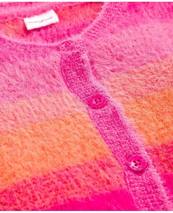 Babyhug Knit Full Sleeves  Front Open Sweater with Stripes - Pink & Orange