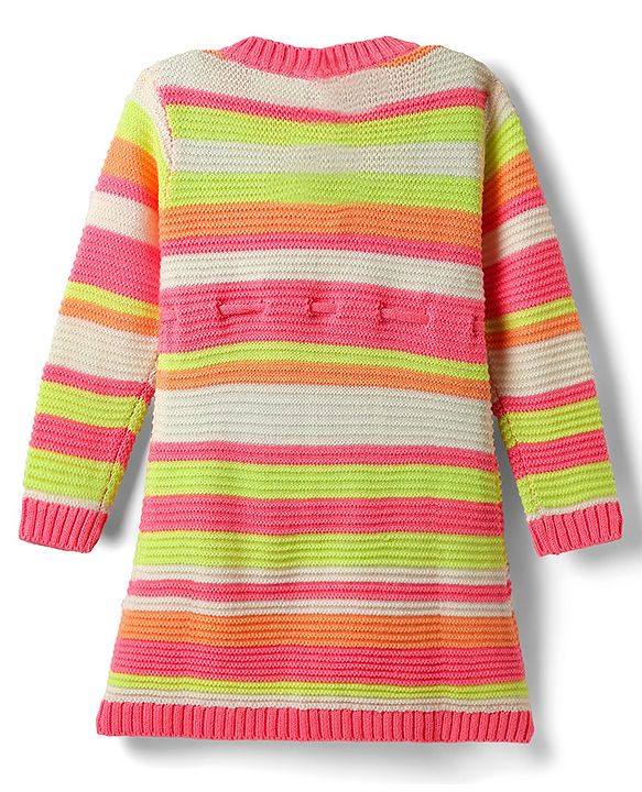 Babyhug Sweater Knit Full Sleeves Striped Woollen Dress - Pink