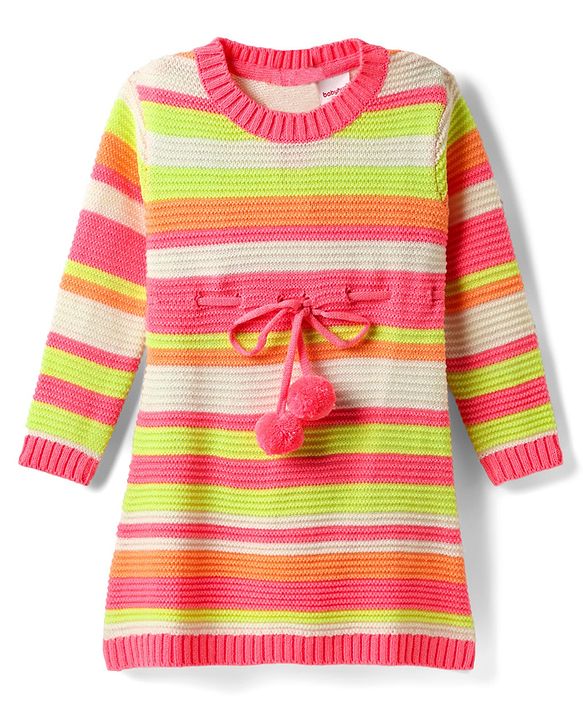 Babyhug Sweater Knit Full Sleeves Striped Woollen Dress - Pink