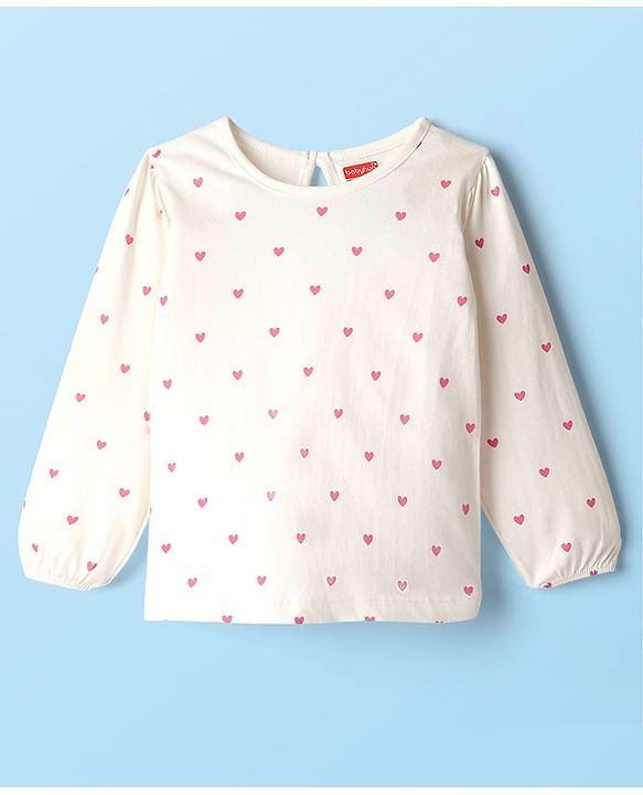 Babyhug 100% Cotton Knit Full Sleeves T-Shirt with Heart Print - White