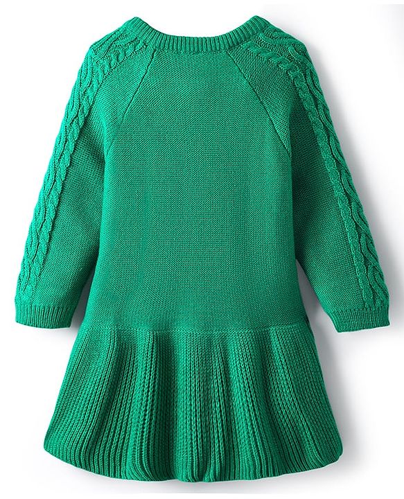 Babyhug Sweater Knit Full Sleeves Woollen Dress With Cable Knit Design - Green