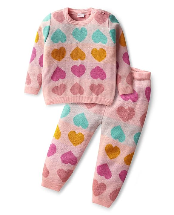 Babyhug Knit Full Sleeves Sweater Set with Heart Design - Pink