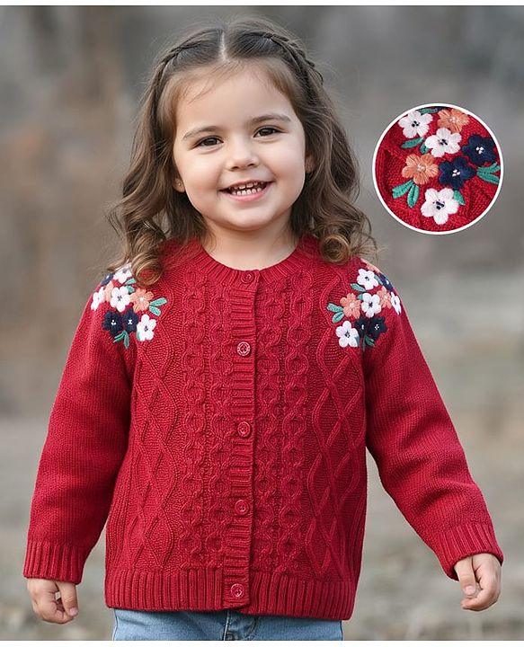 Babyhug Knitted Full Sleeves Front Open Sweater with Floral Embroidery - Red