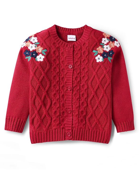 Babyhug Knitted Full Sleeves Front Open Sweater with Floral Embroidery - Red