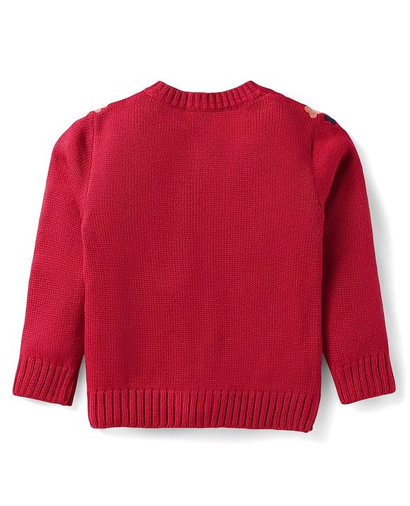 Babyhug Knitted Full Sleeves Front Open Sweater with Floral Embroidery - Red