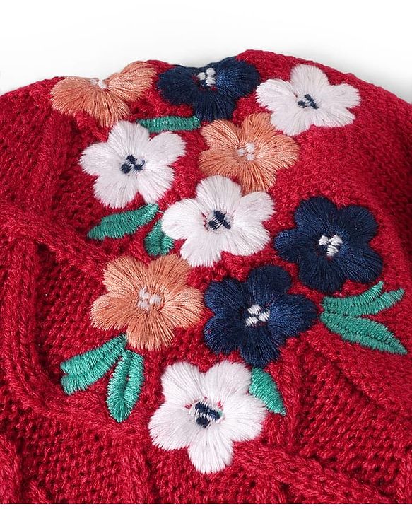 Babyhug Knitted Full Sleeves Front Open Sweater with Floral Embroidery - Red