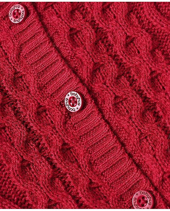 Babyhug Knitted Full Sleeves Front Open Sweater with Floral Embroidery - Red