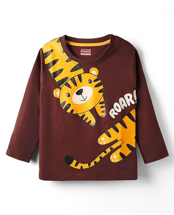 Babyhug Cotton Knit Full Sleeves T-Shirt with Tiger Print  - Brown