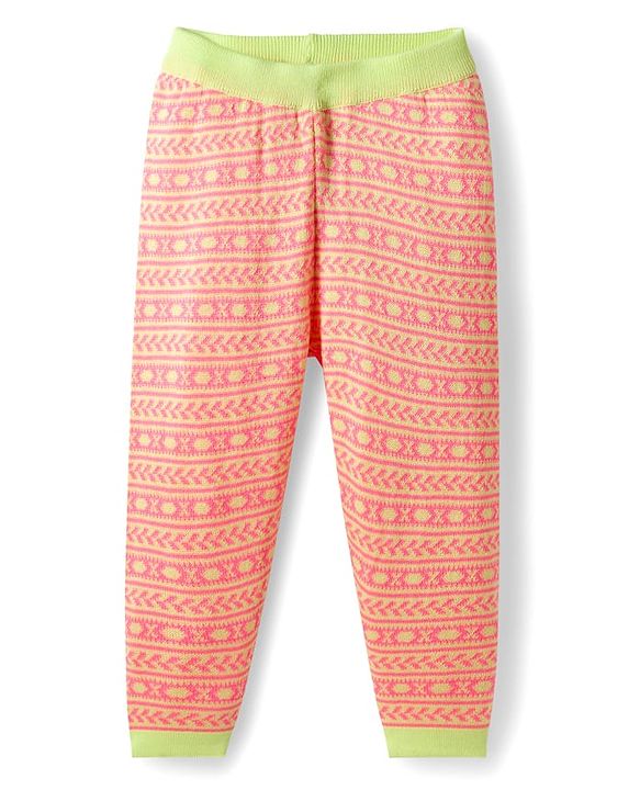 Babyhug Knit Full Length Printed Woollen Pant - Pink