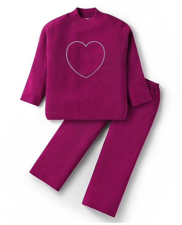 Babyhug Sweater Knit Full Sleeves Winter Wear Top & Palazzo Set With Heart Embroidery - Fuchsia