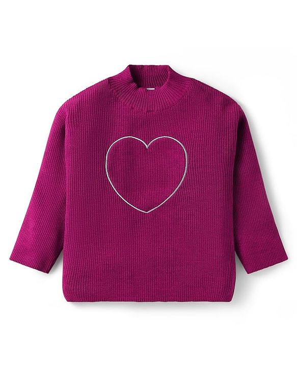 Babyhug Sweater Knit Full Sleeves Winter Wear Top & Palazzo Set With Heart Embroidery - Fuchsia