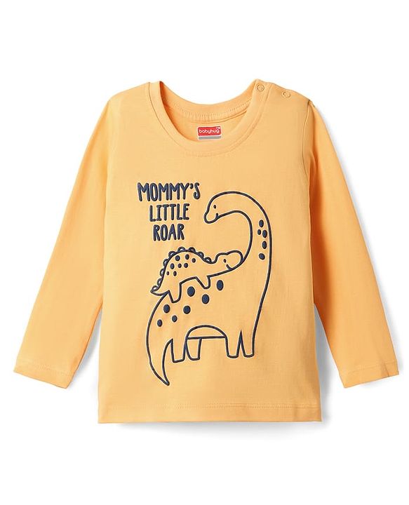 Babyhug 100% Cotton Knit Full Sleeves T-Shirt with Dino Print - Mustard