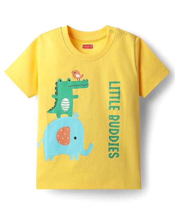Babyhug 100% Cotton Knit Half Sleeves T-Shirt with Animals & Little Buddies Text Print - Yellow