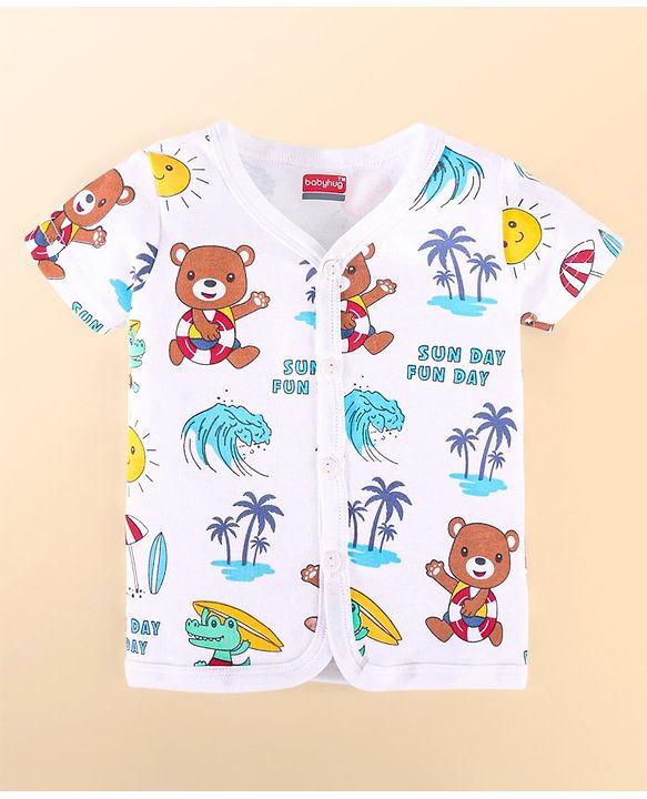 Babyhug 100% Cotton Baby Gift Set With Beach Theme Print - White & Red