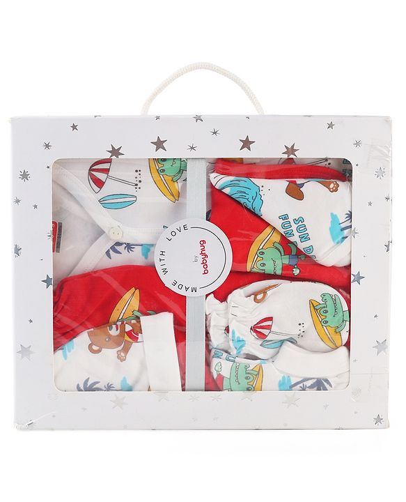 Babyhug 100% Cotton Baby Gift Set With Beach Theme Print - White & Red