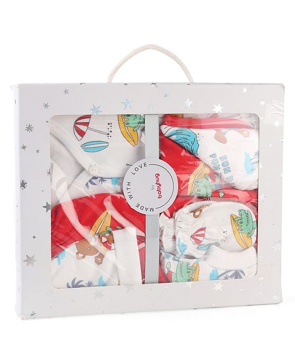 Babyhug 100% Cotton Baby Gift Set With Beach Theme Print - White & Red